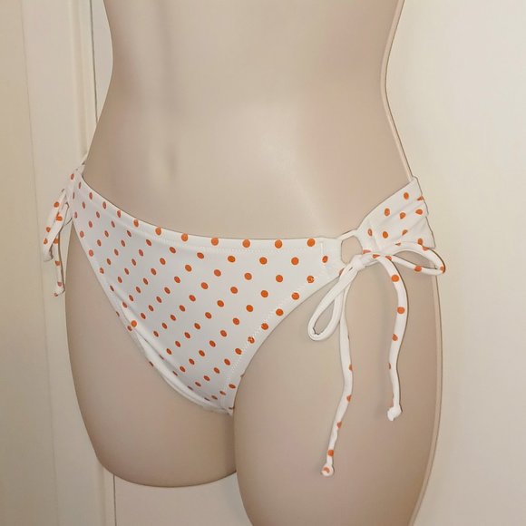 Victoria' Secret Double Tie Bikini Bottom Medium NWOT White Orange Polka Dots - Picture 2 of 14